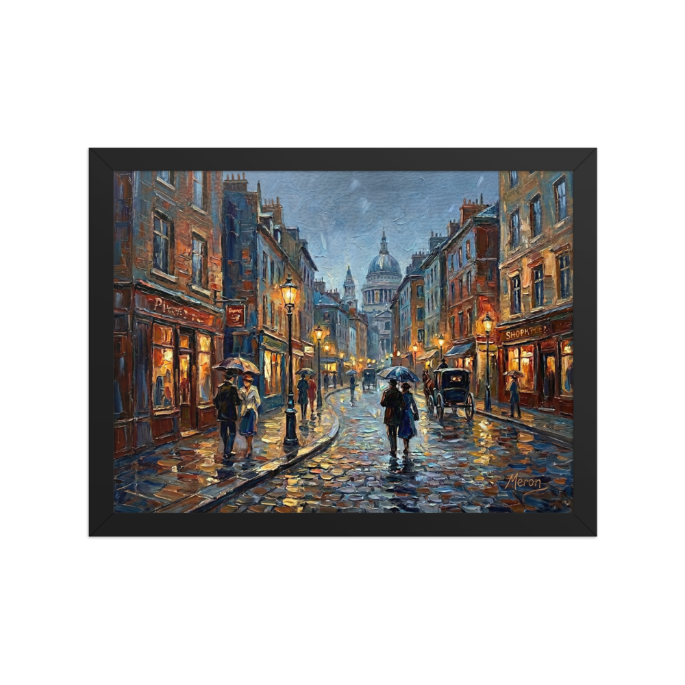 'Evening Rain in the City' — a Impressionism print. A textured impasto painting of a rainy city street at twilight with glowing shop windows and people holding umbrellas, suitable for a living room.