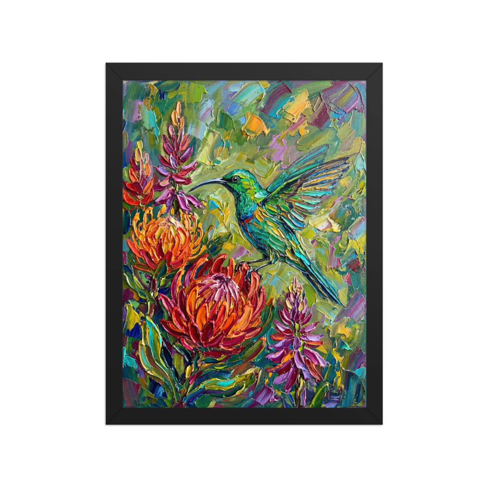 'Emerald Flight Among Proteas' — a Impressionism print. A vibrant impasto painting featuring a brilliant green hummingbird hovering over large red and orange protea flowers against a textured green background, perfect for a living room.