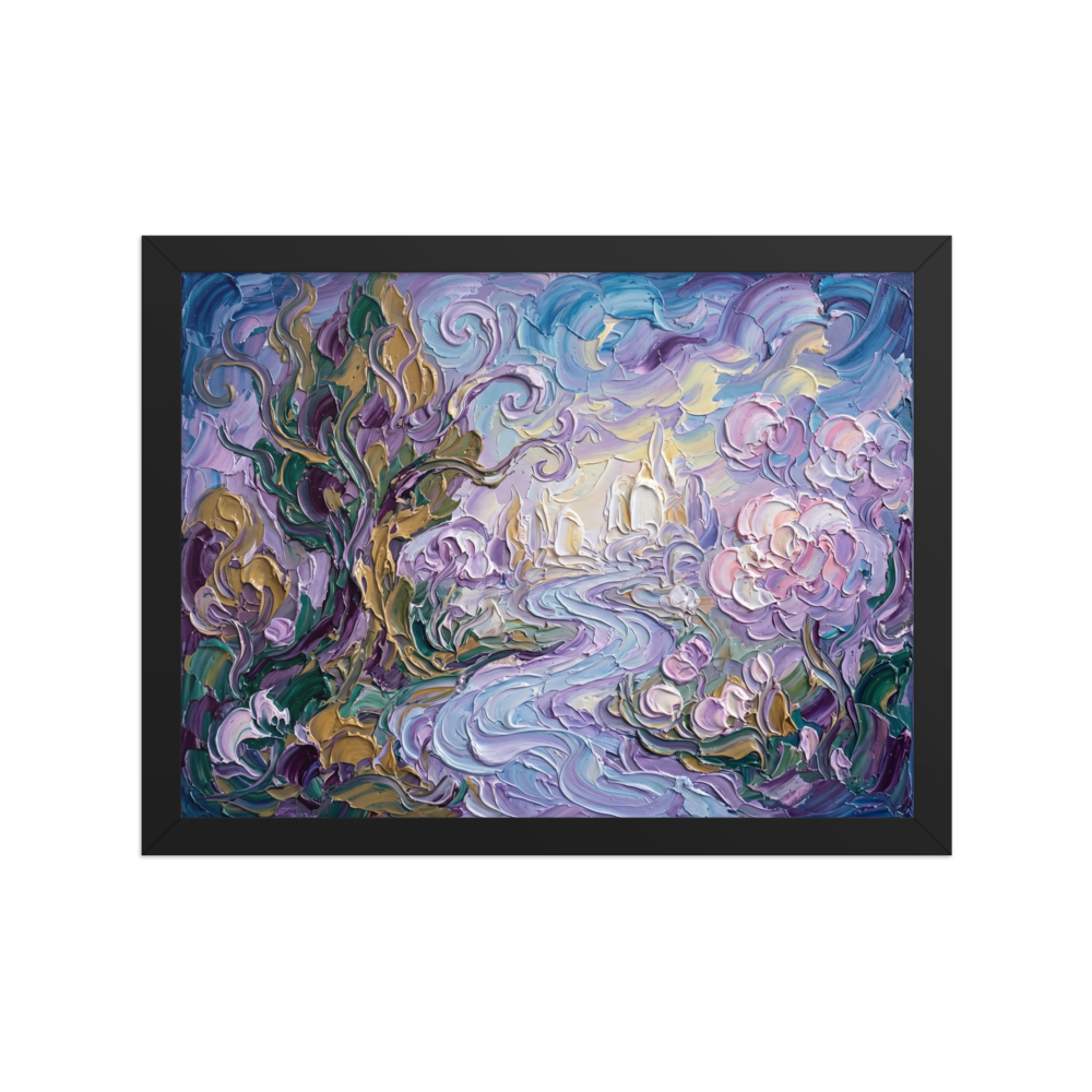 'Lavender Dreamscape' — a Post-Impressionism print. A highly textured abstract landscape painting with swirling lavender and blue skies, pastel pink flowers, and twisting trees in green and gold, perfect for a bedroom.