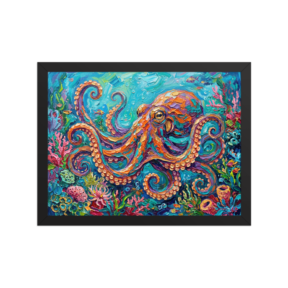 'The Vibrant Octopus' — a Impressionism print. A highly textured, colorful impasto painting of a large orange and purple octopus swimming among vibrant coral reefs in bright blue water, ideal for a bathroom or playroom.