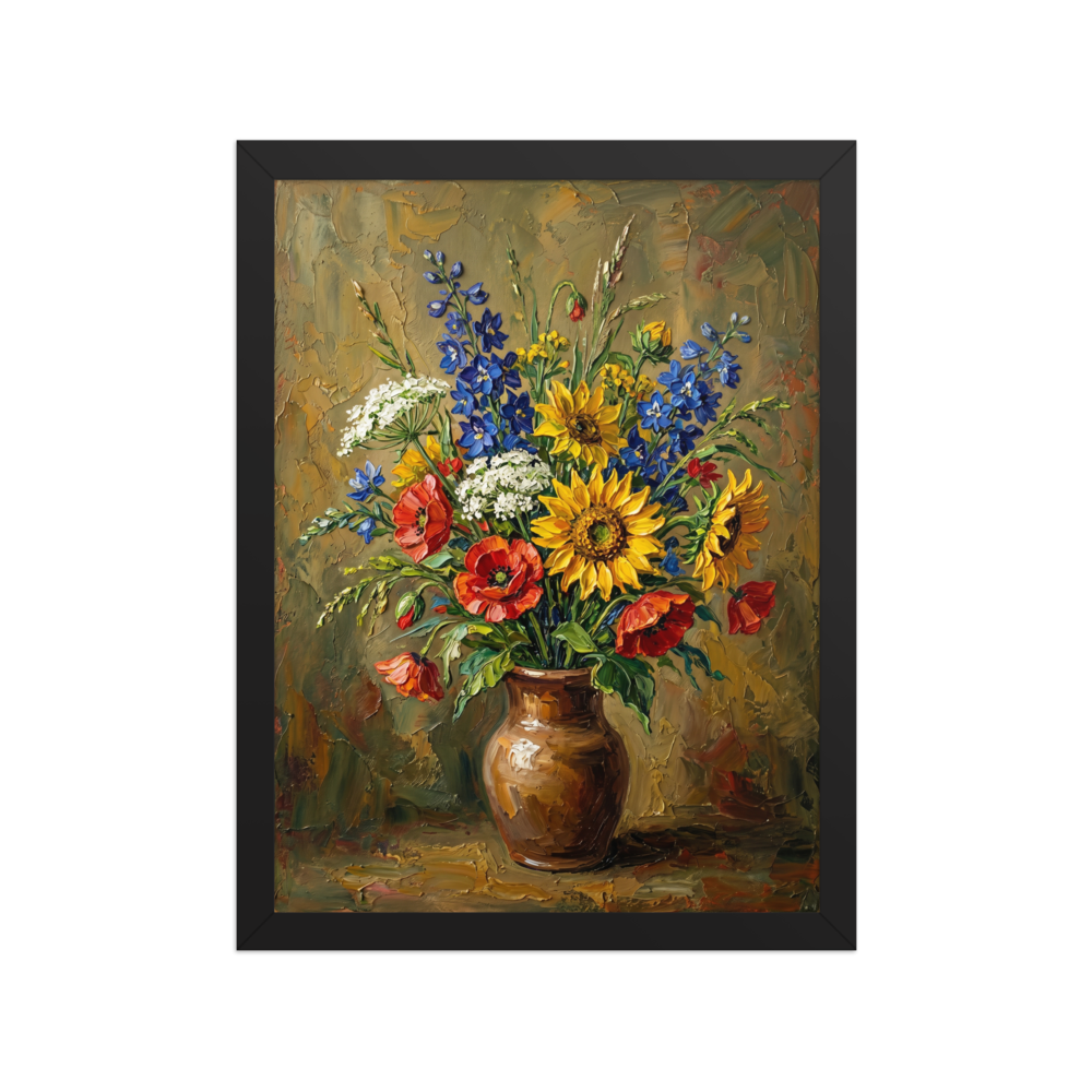 'Rustic Floral Bloom' — a Impressionism print. A textured impasto still life painting of bright yellow sunflowers, blue delphiniums, and red poppies arranged in a brown ceramic vase against a rustic background, perfect for a dining room.