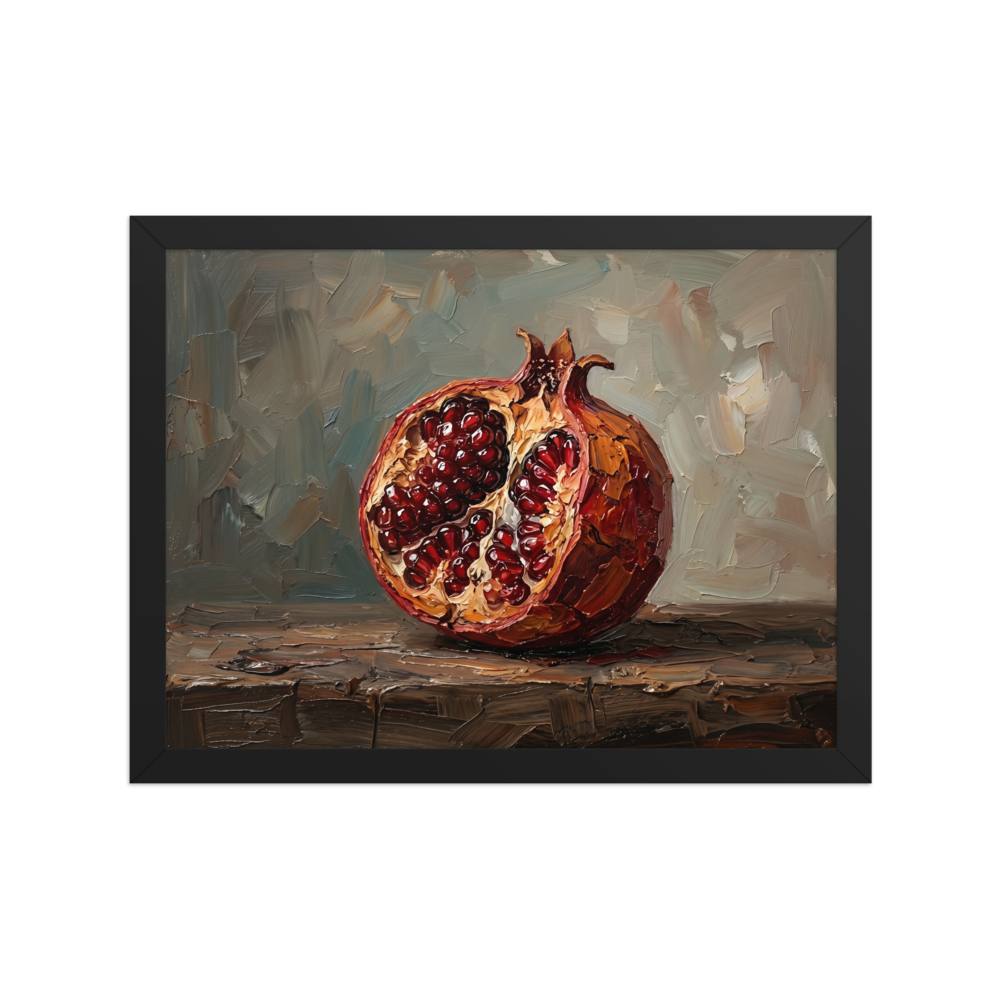 'The Open Pomegranate' — a Realism print. A highly textured still life oil painting of a pomegranate sliced open to reveal gleaming red seeds, resting on a rustic wooden table against a dark background, perfect for a kitchen or dining room.