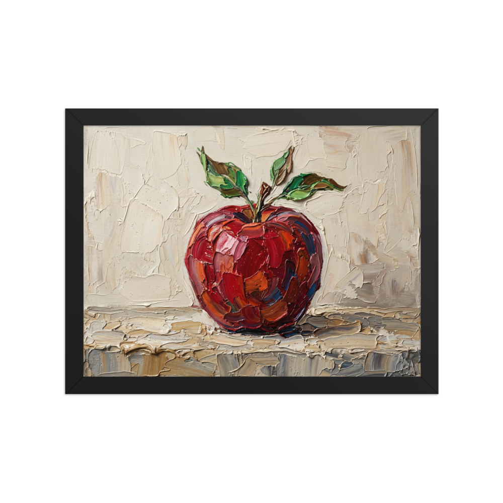'The Impasto Apple' — a Impressionism print. A highly textured oil painting of a single bright red apple with green leaves, rendered with thick impasto strokes on a textured beige background, perfect for a kitchen.