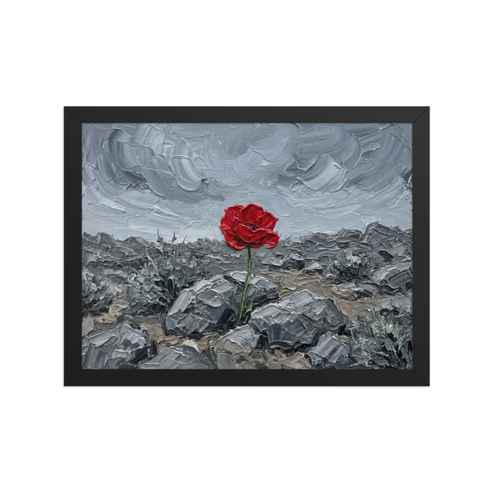 'Resilience in Stone' — a Symbolism print. An impasto painting of a single red poppy blooming in gray rocks, offering a powerful statement piece for a Bedroom.