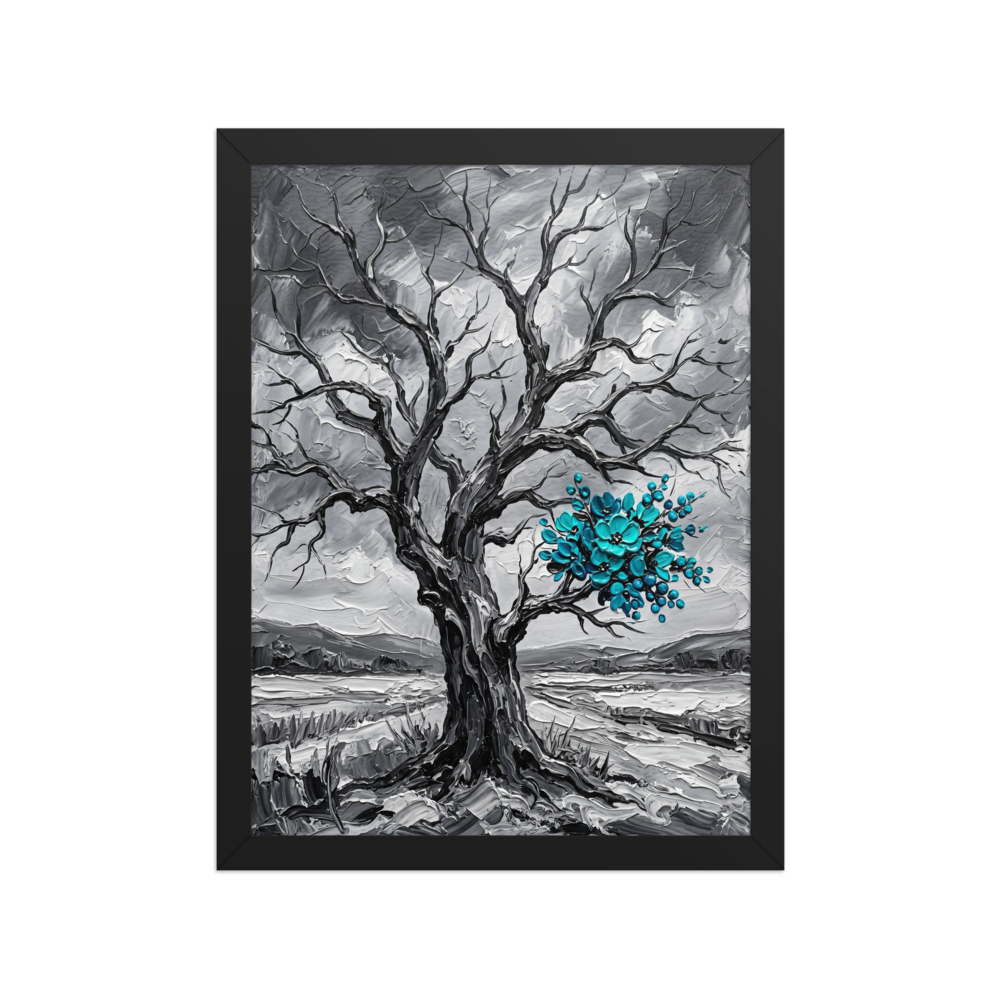 'Winter's Bloom' — a Surrealism print. An impasto painting of a black and white tree with bright turquoise flowers, ideal for a modern Living Room.