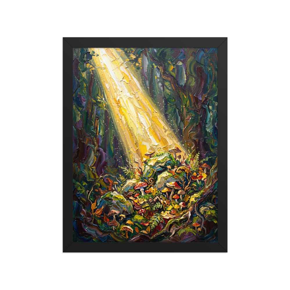 'Forest Illumination' — a Impressionism print. An impasto painting of sunlight hitting colorful mushrooms in a dark forest, bringing magic to a Bedroom.