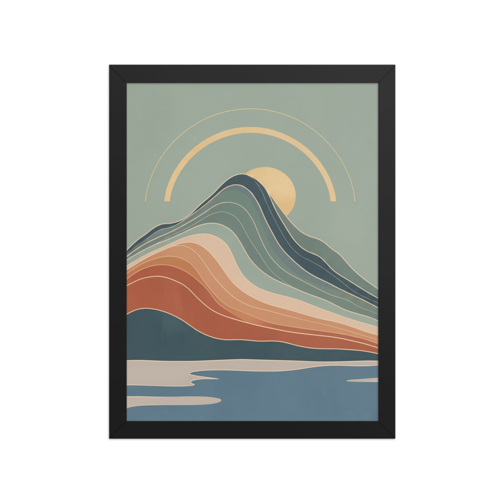 'Boho Horizon' — a Geometric abstract art,Modernism print. An abstract mid-century landscape with sweeping mountain curves and a setting sun, an elegant piece for a Living Room.
