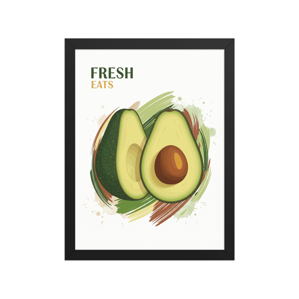 'Fresh Eats Avocado' — a Pop art,Digital art print. An appetizing illustration of an avocado half with watercolor brushstrokes and 'Fresh Eats' text, a lively addition to a Kitchen.