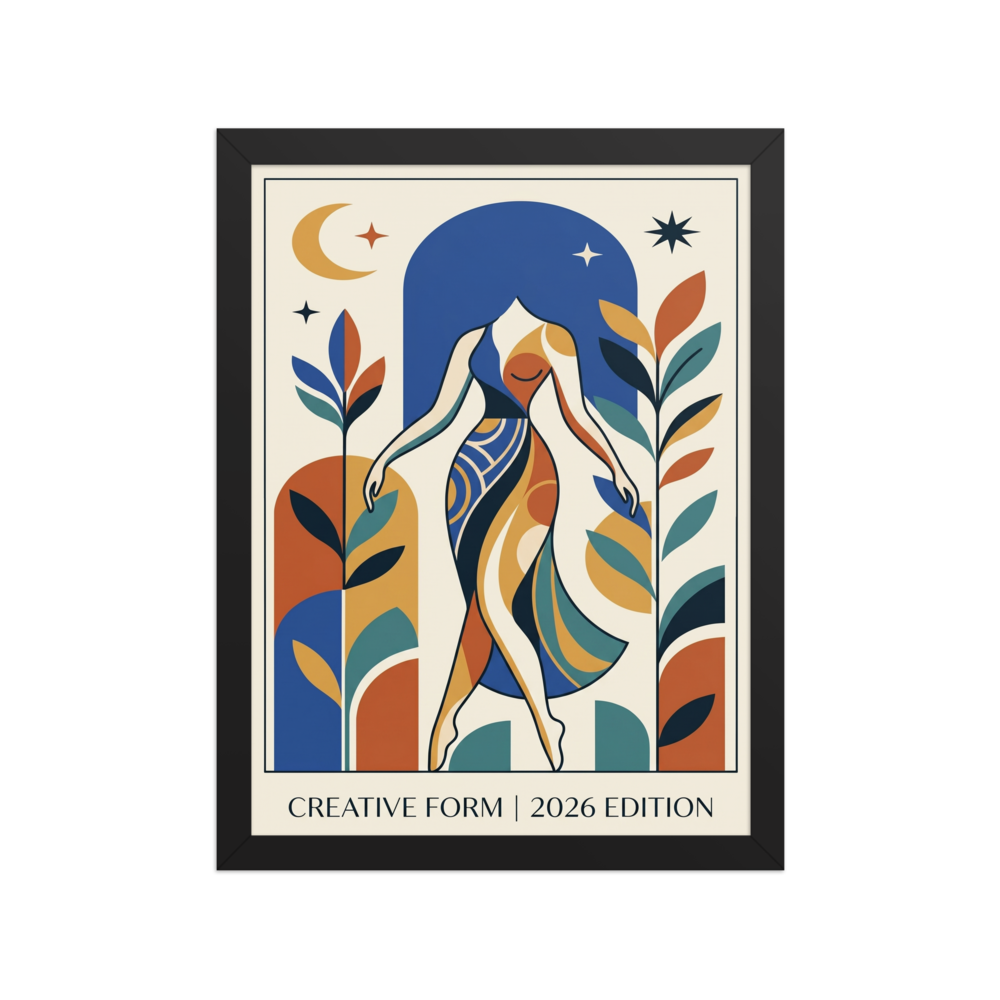 'Creative Form Under the Stars' — a Geometric abstract art,Modernism print. An abstract geometric portrait of a woman beneath a moonlit sky, a striking focal point for a Living Room.