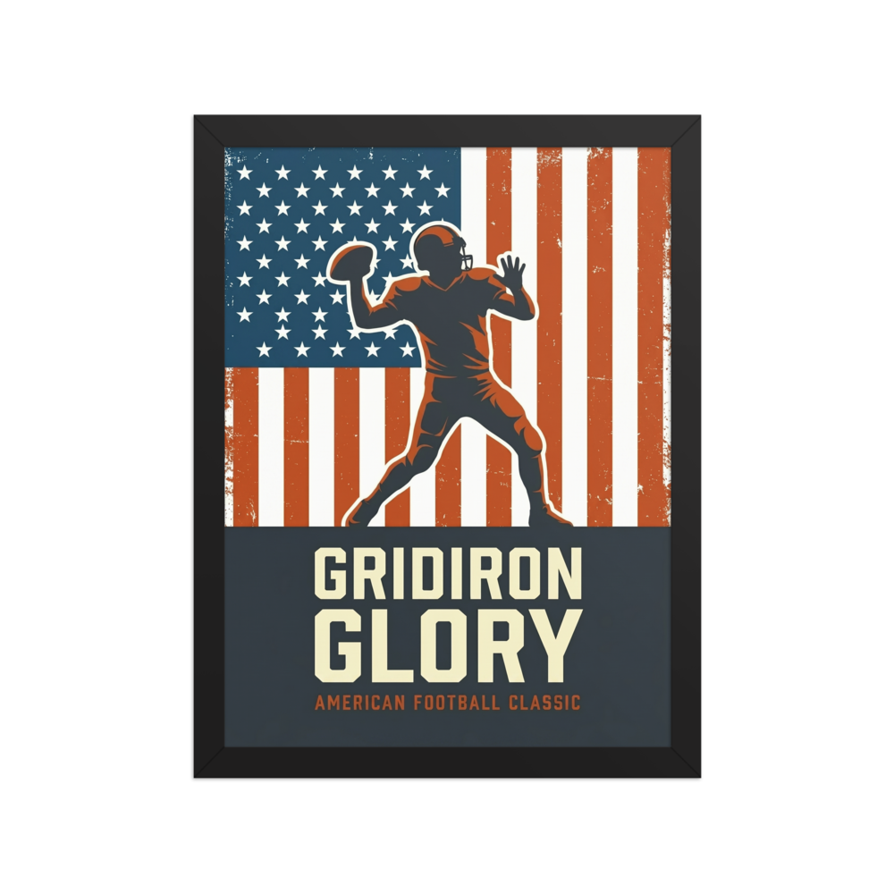 'Gridiron Glory' — a Pop art,Digital art print. A retro sports poster with a silhouette of an American football player throwing a ball against a distressed American flag, ideal for a Man Cave.