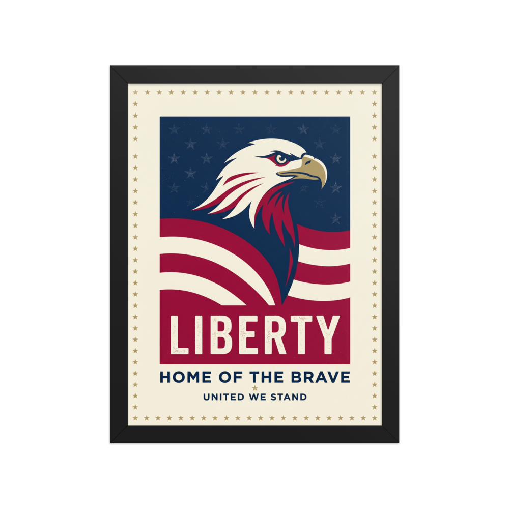 'Spirit of Liberty' — a Pop art print. Patriotic poster featuring a bald eagle and American flag with the words Liberty, Home of the Brave, and United We Stand, ideal for an Office or Garage.