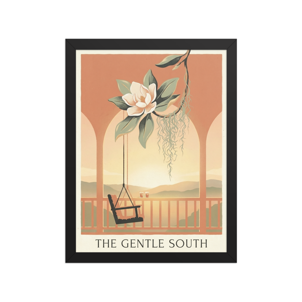 'The Gentle South' — a Art Nouveau,Digital art print. An elegant illustration of a magnolia flower, Spanish moss, and a porch swing at sunset with the text 'The Gentle South', a calming piece for a Sunroom.