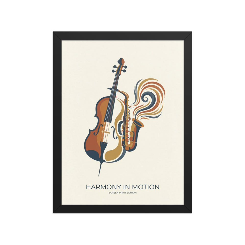 'Rhythm and Strings' — a Modernism print. Modern poster titled Harmony in Motion showing a cello and a saxophone blending together with colorful sound waves, perfect for a Studio or Living Room.