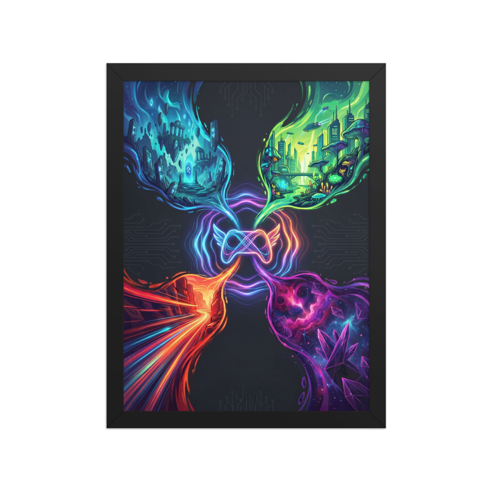 'Infinite Realms of Play' — a Digital art,Surrealism print. A glowing game controller with an infinity symbol connects to four unique worlds: ruins, sci-fi city, fiery canyon, and crystal galaxy, perfect for a lively Game Room.