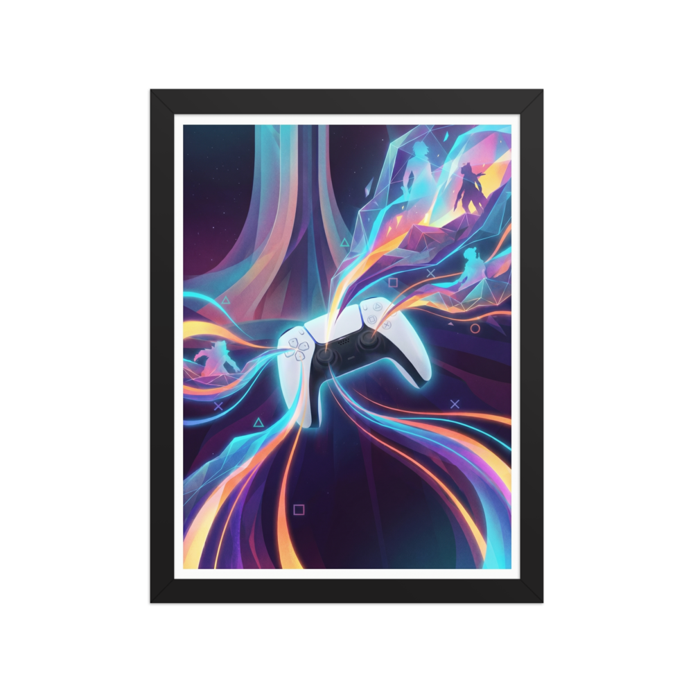 'Neon Gameplay' — a Pop art print. Vibrant digital illustration titled Console Energy showing a gaming controller radiating neon colors and geometric shapes, ideal for a Game Room or Bedroom.