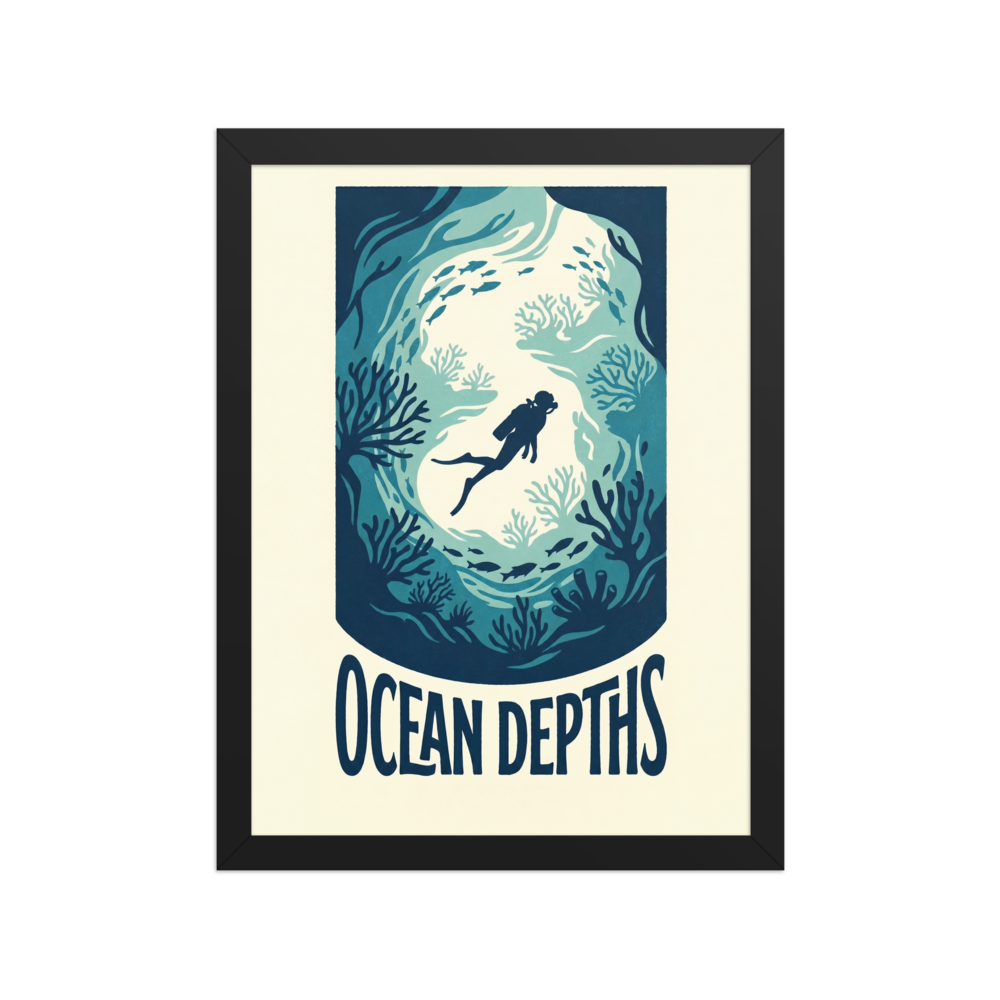 'Into the Deep Blue' — a Digital art,Minimalism print. A silhouette of a scuba diver swimming through a coral cave in varying shades of teal and cyan, ideal for a calming Bathroom.