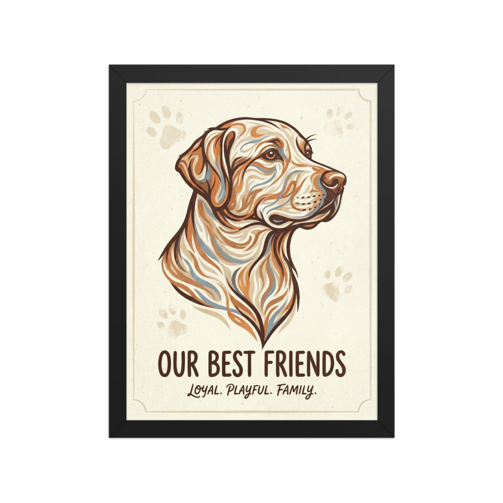 'Loyal Companion' — a Digital art,Modernism print. A stylized portrait of a dog created with flowing lines and warm colors alongside the text 'Our Best Friends', a great addition to a Living Room.