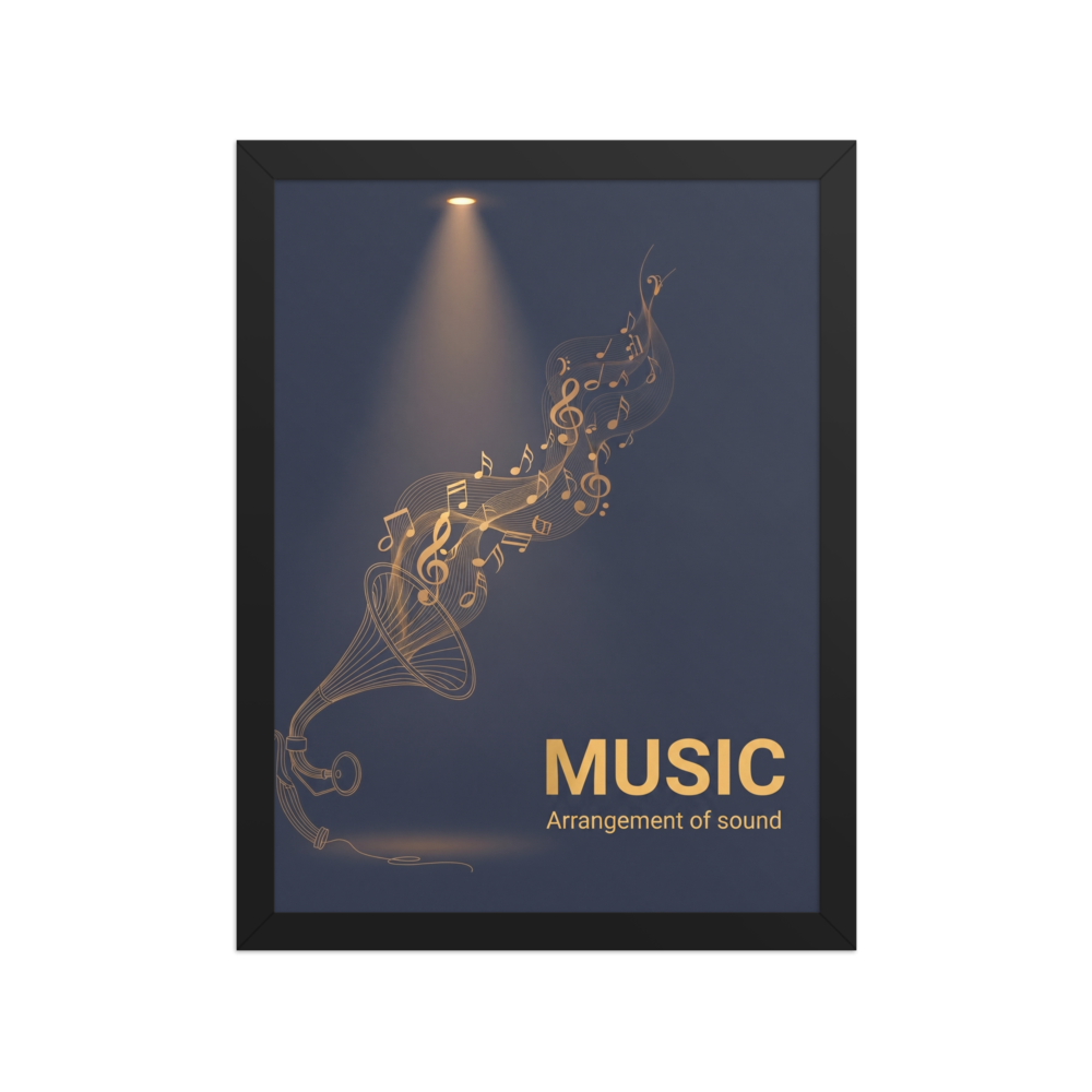 'Golden Melody' — a Art Deco print. A golden line art illustration of a gramophone emitting musical notes, a nostalgic and elegant piece for a Home Theater or Living Room.