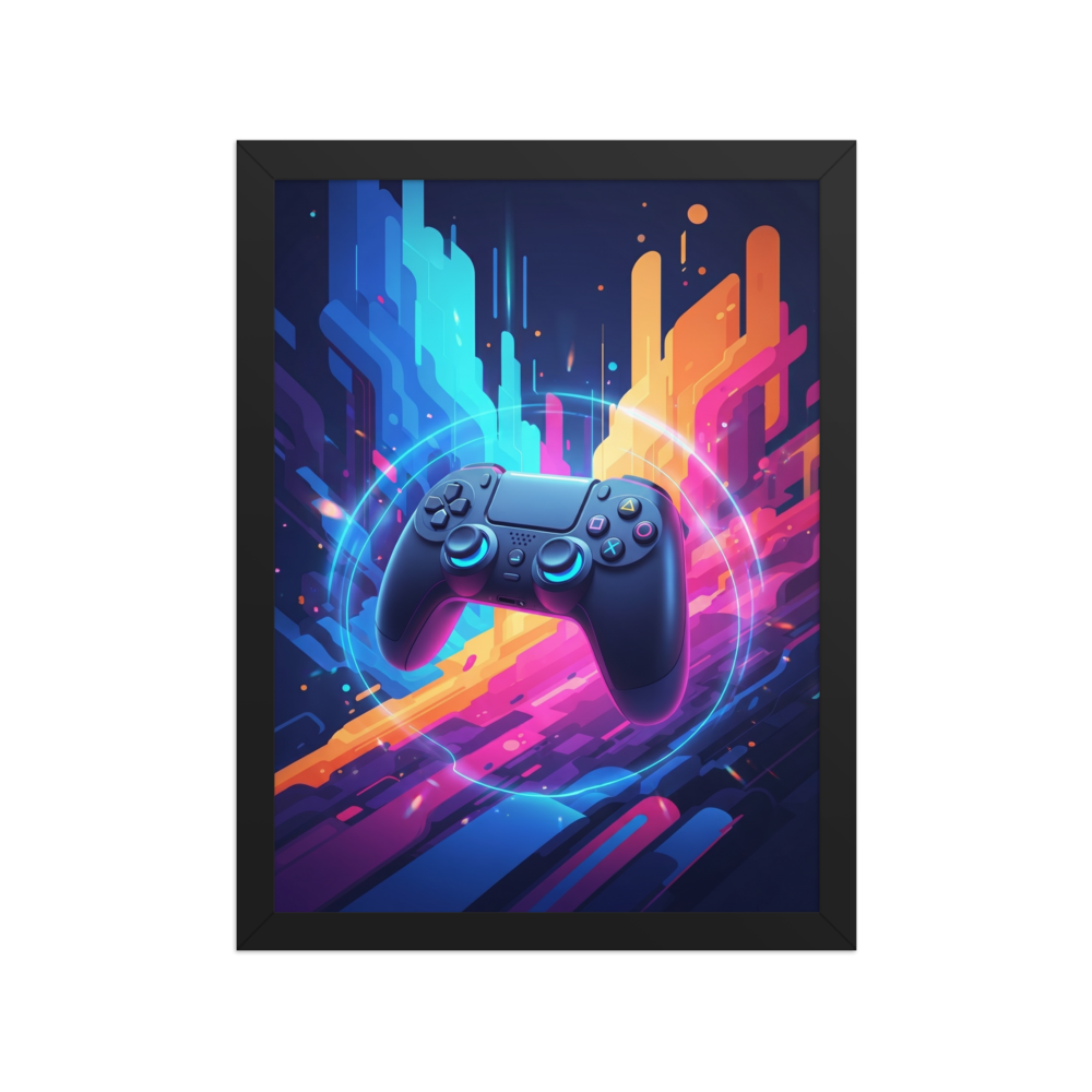 'Synthwave Gamer' — a Pop art print. A glowing gaming controller surrounded by neon colors and abstract shapes, an electrifying centerpiece for a Game Room or Man Cave.