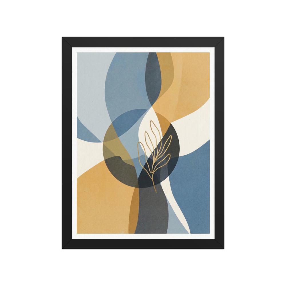 'Serene Geometry' — a Abstract art,Minimalism print. Abstract geometric overlapping shapes in blue, mustard, and gray with a golden line art leaf in the center, ideal for a contemporary Office.