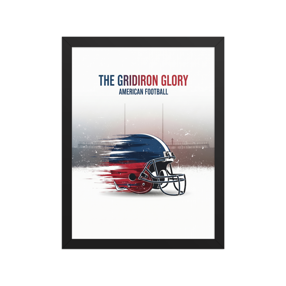 'The Gridiron Glory' — a Digital art print. A red, white, and blue American football helmet with motion blur effects against a misty stadium, a bold piece for a Game Room.