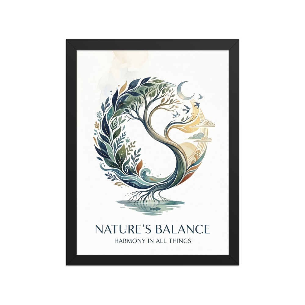 'Nature's Balance' — a Modernism print. A circular watercolor illustration of a tree transitioning from day to night with roots reflecting in water and text reading 'Nature's Balance', ideal for a Meditation Room.