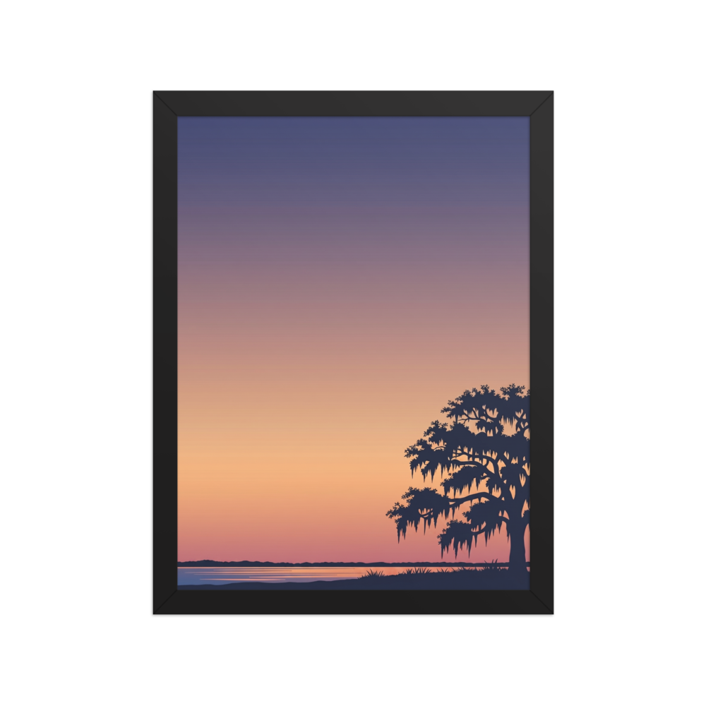 'Twilight Tranquility' — a Digital art,Minimalism print. A serene landscape with a vibrant purple and orange sunset over a lake and the silhouette of a tree, perfect for a Bedroom.