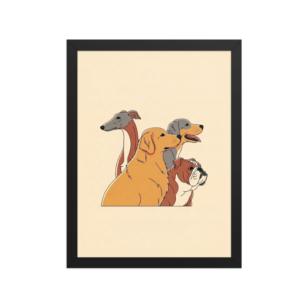 'The Canine Trio' — a Digital art,Pop art print. A minimalist illustration of a Greyhound, Golden Retriever, and Bulldog layered together on a warm beige background, great for a Living Room.