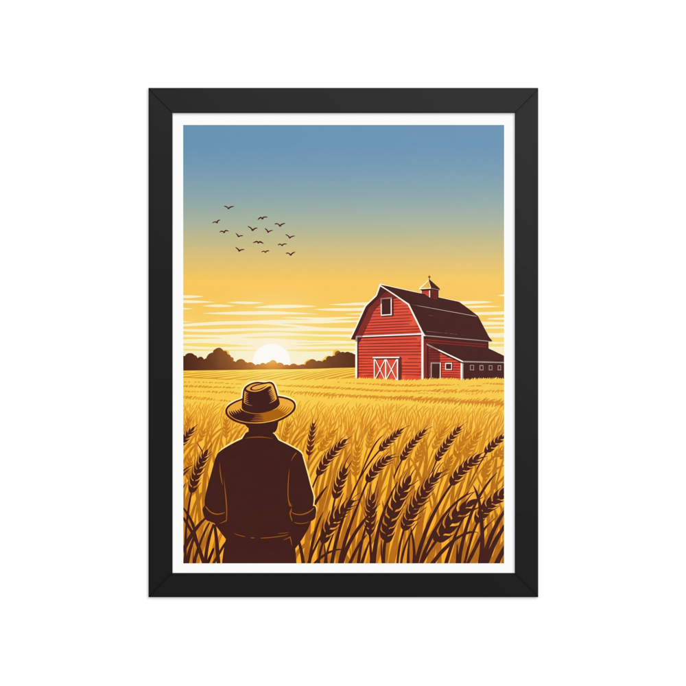 'Harvest Horizons' — a American Scene Painting,Digital art print. A picturesque sunset over a golden wheat field with a farmer and a red barn, a warm addition to a Living Room.
