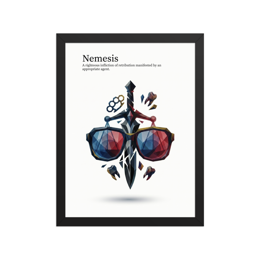 'Righteous Retribution' — a Digital art,Pop art print. A low-poly illustration of a sword, sunglasses, brass knuckles, and teeth with the text 'Nemesis', perfect for a Man Cave.