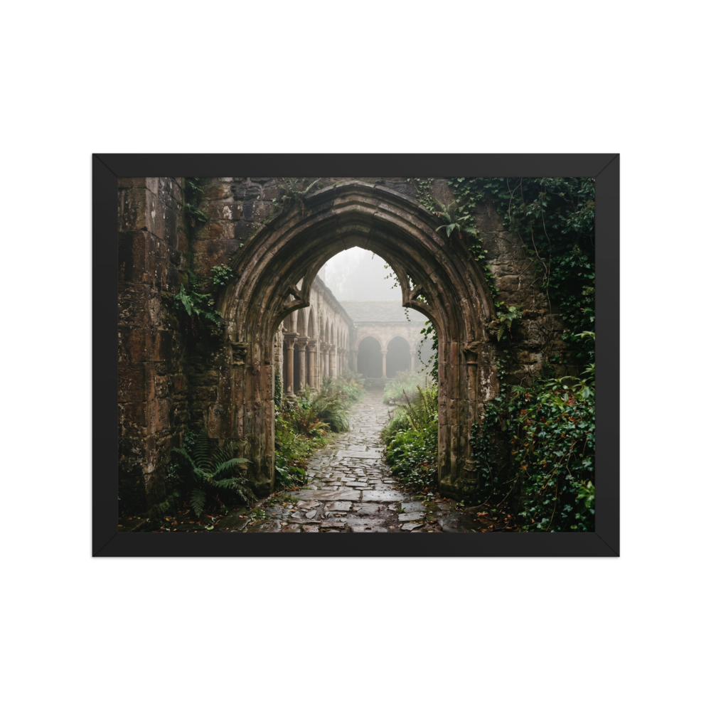 'The Forgotten Abbey' — a Art photography print. A photograph of a ruined gothic abbey covered in lush greenery and thick fog, bringing an element of mystery to a Library or Study.
