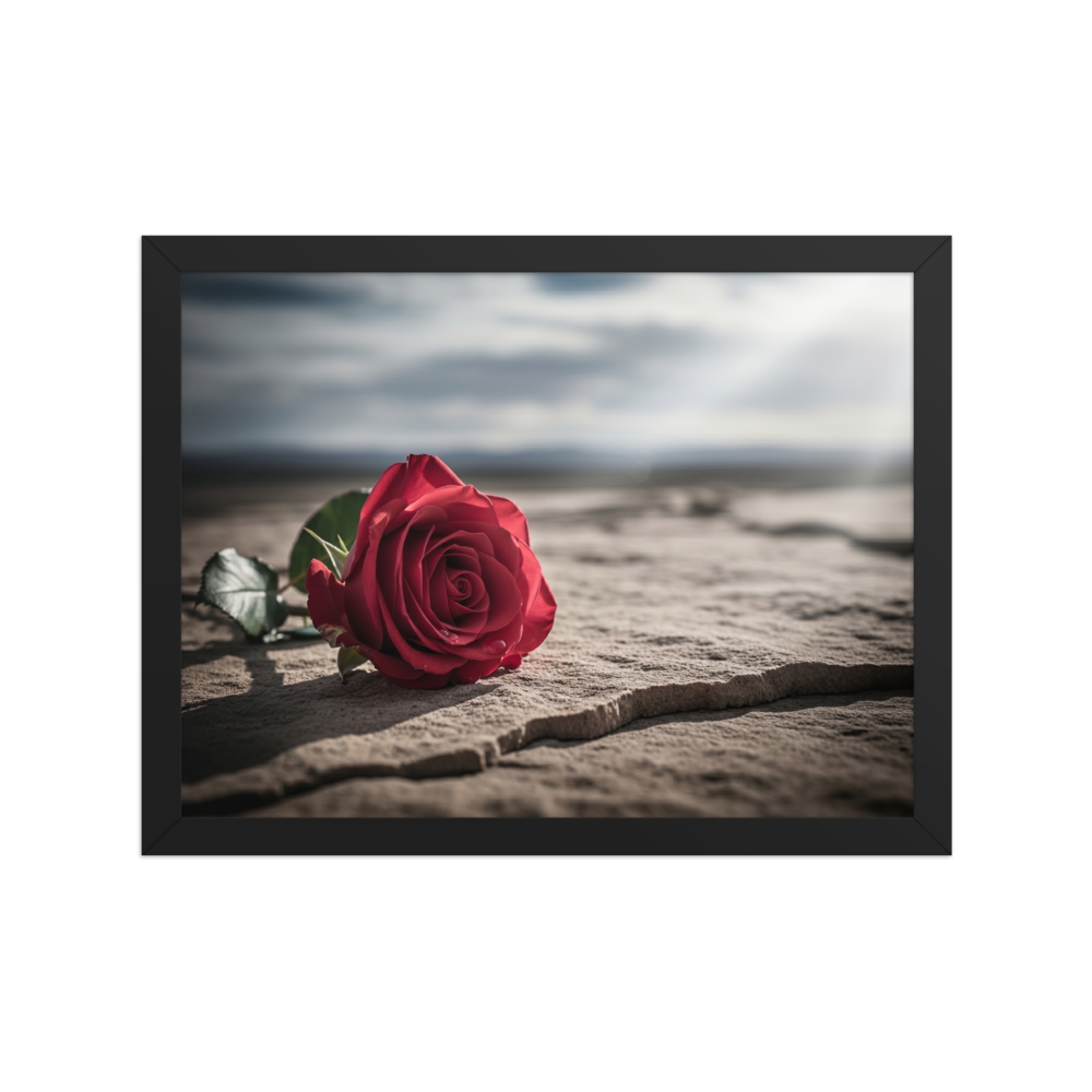 'Red Rose on Stone' — a Art photography print. Close-up photograph of a vivid red rose lying on textured stone against a soft, moody landscape, perfect for a romantic bedroom or living room.