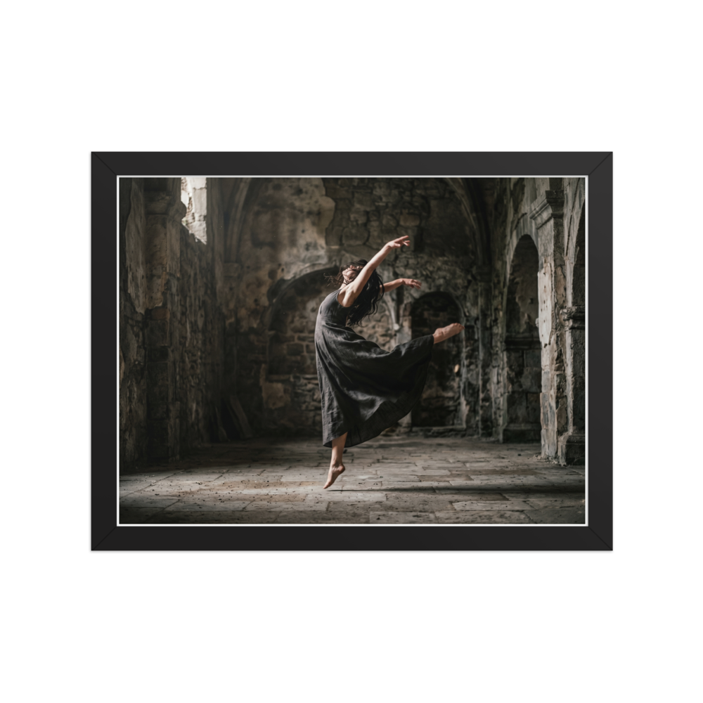 'Grace in the Ruins' — a Art photography print. A photograph of a dancer leaping gracefully in a dark flowing dress inside a ruined stone building, bringing a sense of movement to a Living Room or Studio.