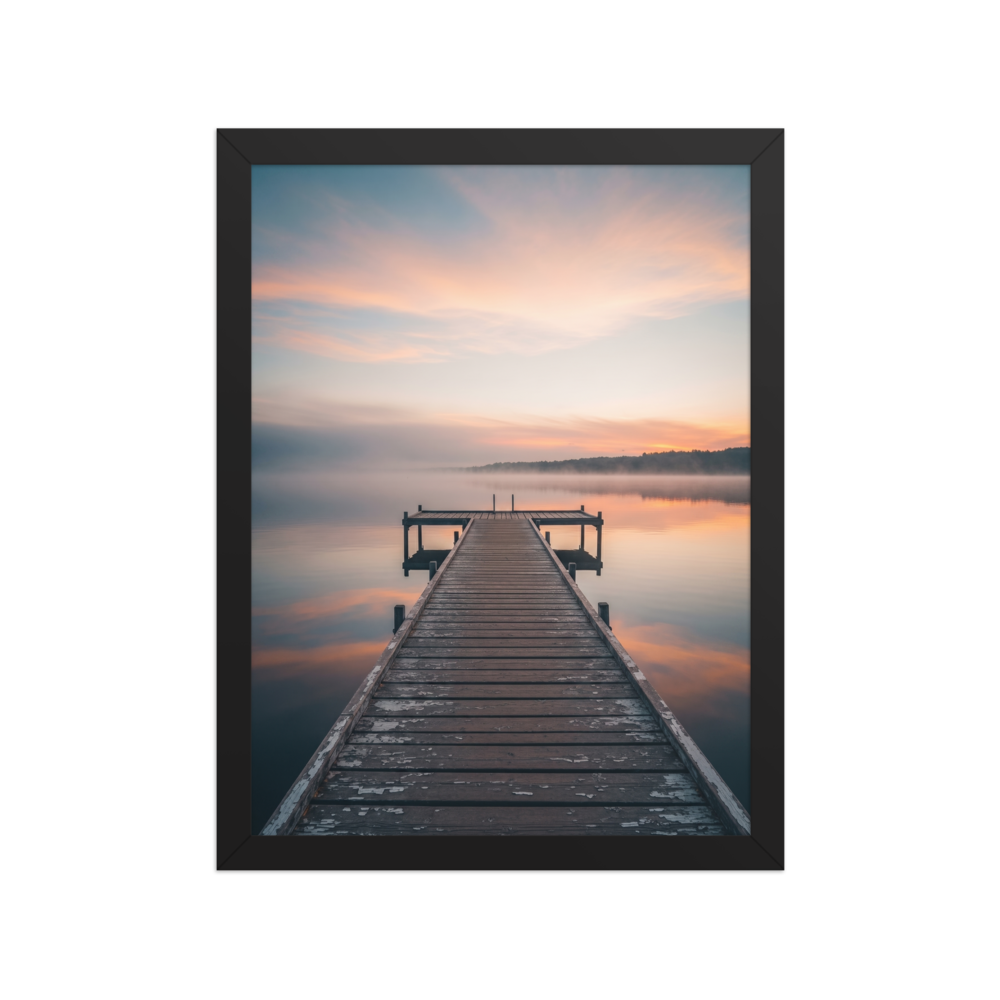 'Pastel Dawn Pier' — a Art photography print. Symmetrical landscape photograph of a wooden dock extending into a calm, misty lake reflecting a colorful sunrise, perfect for a peaceful bedroom or office space.