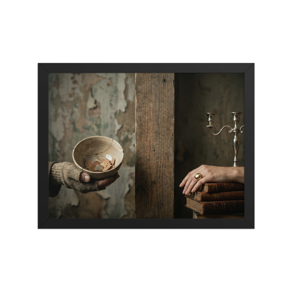 'The Divide' — a Art photography print. Conceptual photograph showing a hand in a tattered glove holding a cracked bowl with coins on the left, separated by a wooden pillar from an elegant hand resting on books with a silver candelabra on the right, fitting for a thoughtful office or library.