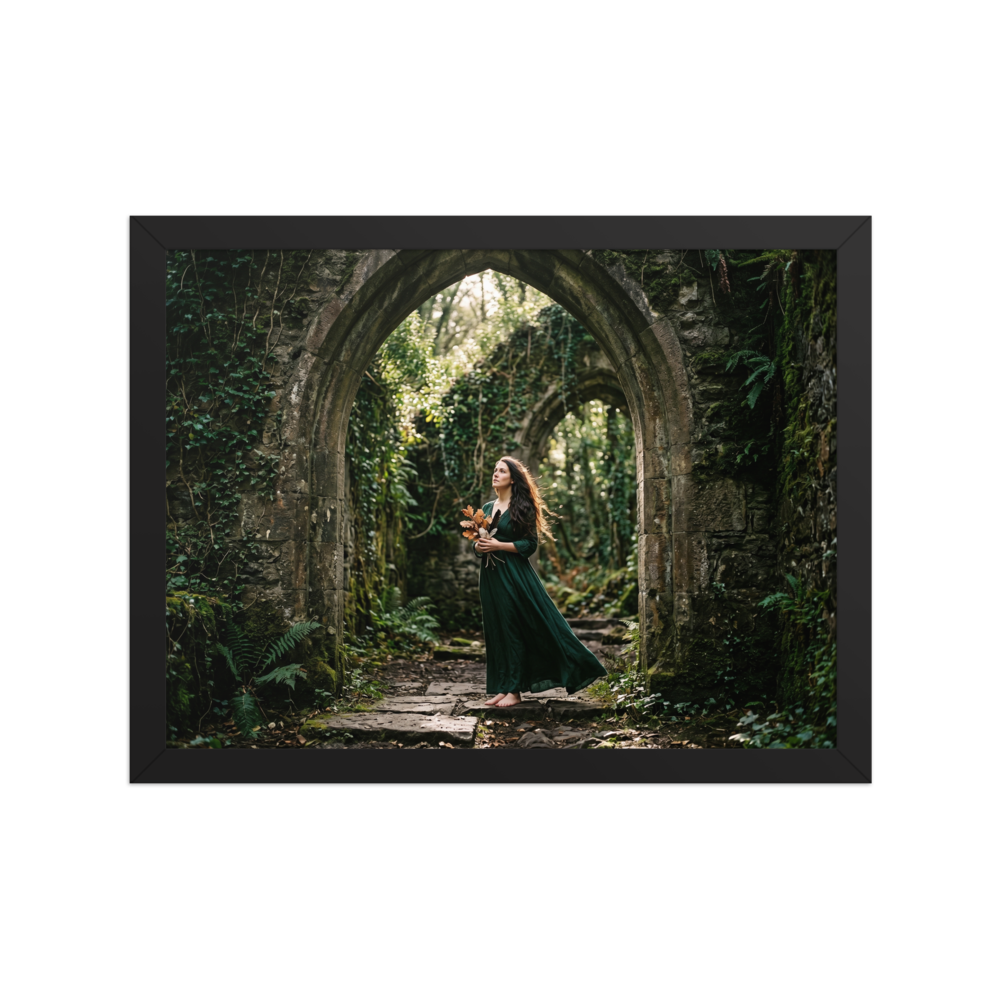 'The Forest Guardian' — a Art photography print. A photograph of a woman in a green dress standing barefoot under ruined stone arches in a forest, bringing a touch of fantasy and nature to a Bedroom.