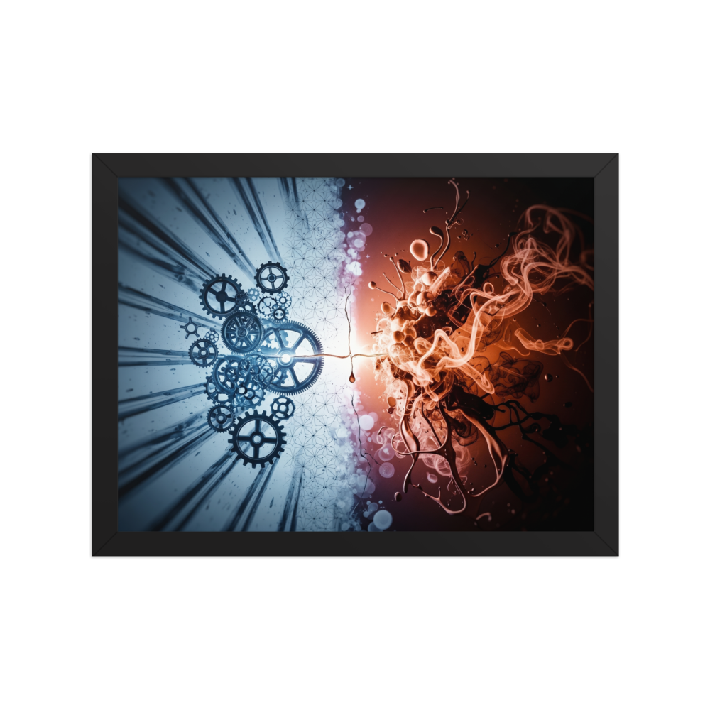 'Mechanical Genesis' — a Abstract art print. A striking contrast of blue mechanical gears and red organic fluid forms, ideal for a modern game room.