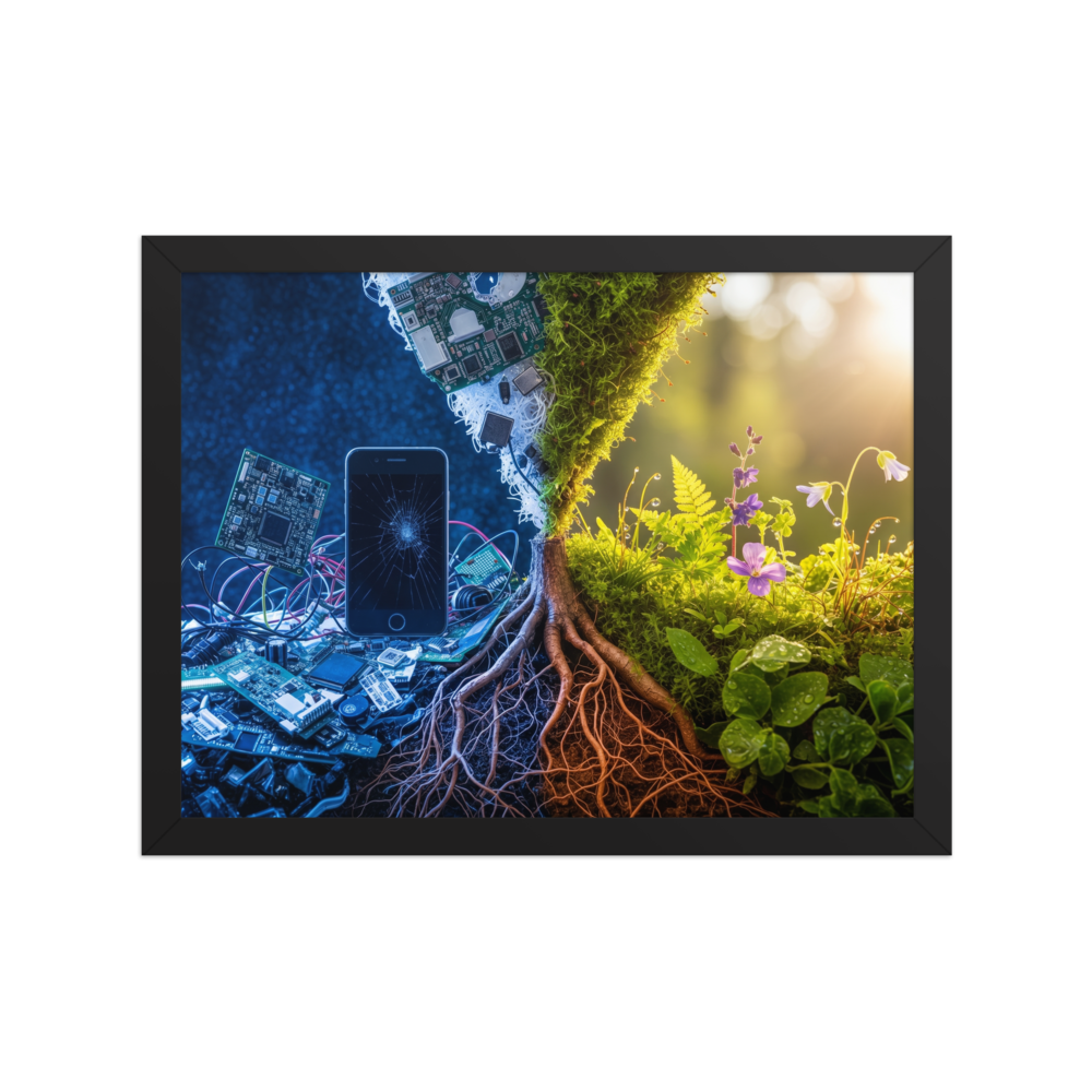'E-Waste Nature' — a Surrealism print. A split image showing electronic waste on the left transforming into a lush natural landscape on the right.
