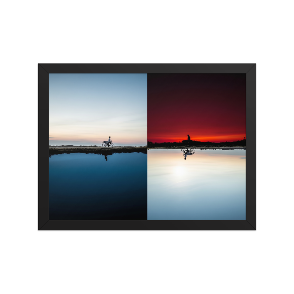 'Two Worlds Riding' — a Surrealism print. A split horizon image showing a cyclist riding in twilight blue on top and an inverted red sunset on the bottom.