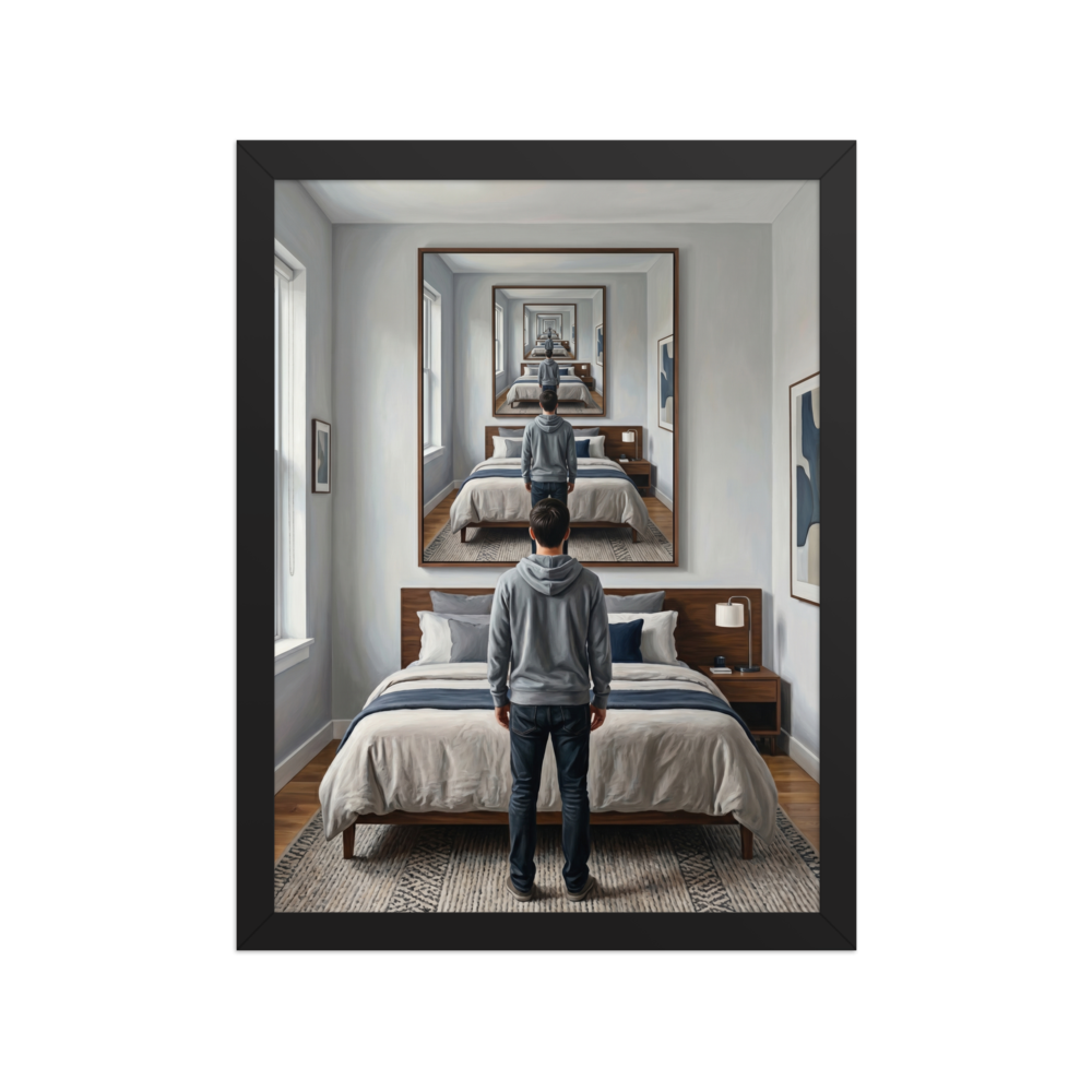 'The Unending Echo' — a Surrealism,Magic realism print. A dreamy surreal painting of a man standing in a bedroom, looking at a large mirror that creates an endless loop of his reflection.