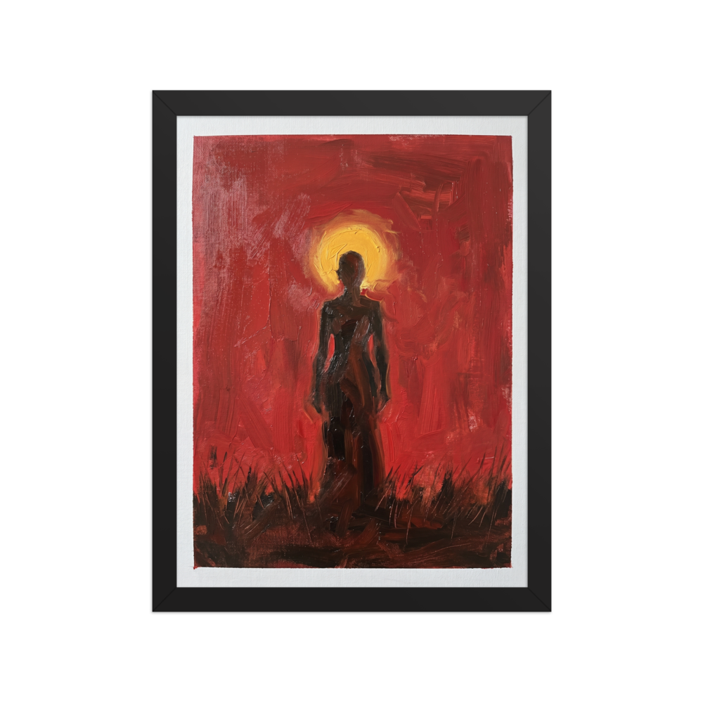 'Crimson Halo' — a Expressionism print. A textured painting of a dark silhouetted figure standing in a field against a bright red and yellow sky, perfect for a Living Room.