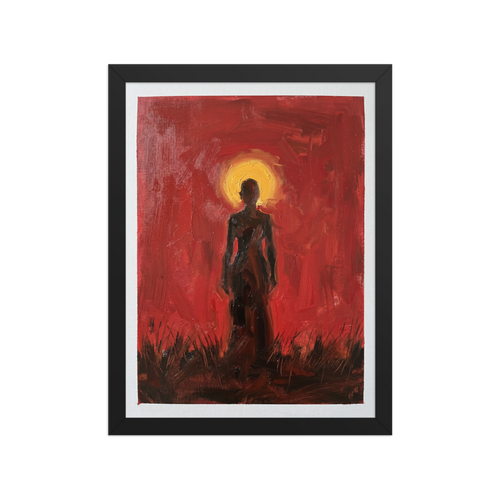 'Crimson Halo' — a Expressionism print. A textured painting of a dark silhouetted figure standing in a field against a bright red and yellow sky, perfect for a Living Room.