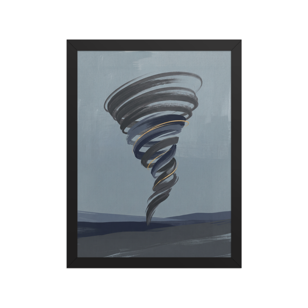 'The Golden Vortex' — a Minimalism print. A minimalist painting of a dark swirling tornado with thin gold accents set against a moody blue-grey sky, perfect for a modern Office or Living Room.