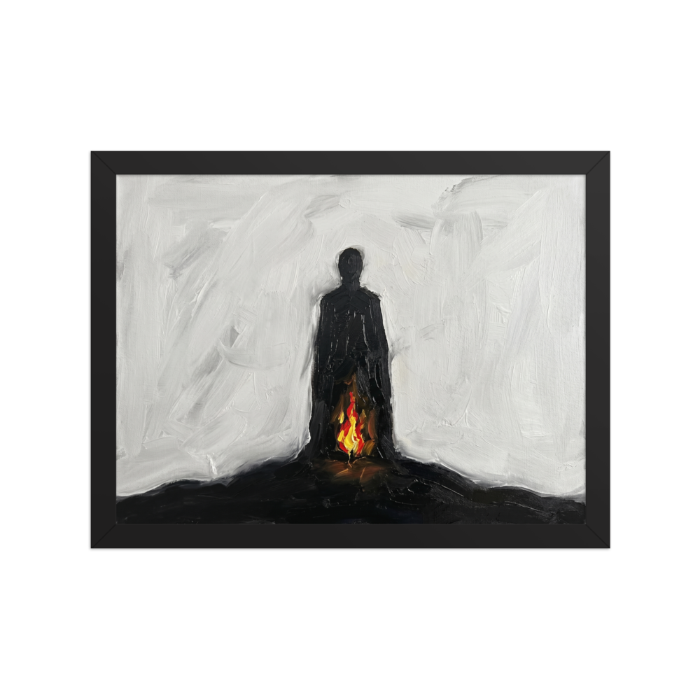 'Inner Flame' — a Minimalism,Expressionism print. A minimalist painting of a black silhouetted figure standing against a white background with a small fire burning at their feet, ideal for a modern Living Room or Office.
