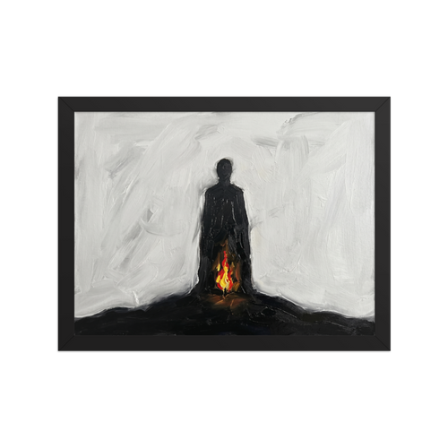 'Inner Flame' — a Minimalism,Expressionism print. A minimalist painting of a black silhouetted figure standing against a white background with a small fire burning at their feet, ideal for a modern Living Room or Office.