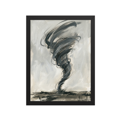 'Abstract Tempest' — a Abstract expressionism,Minimalism print. An expressive abstract painting of a grey and black tornado against a pale sky, ideal for an Office or living room.
