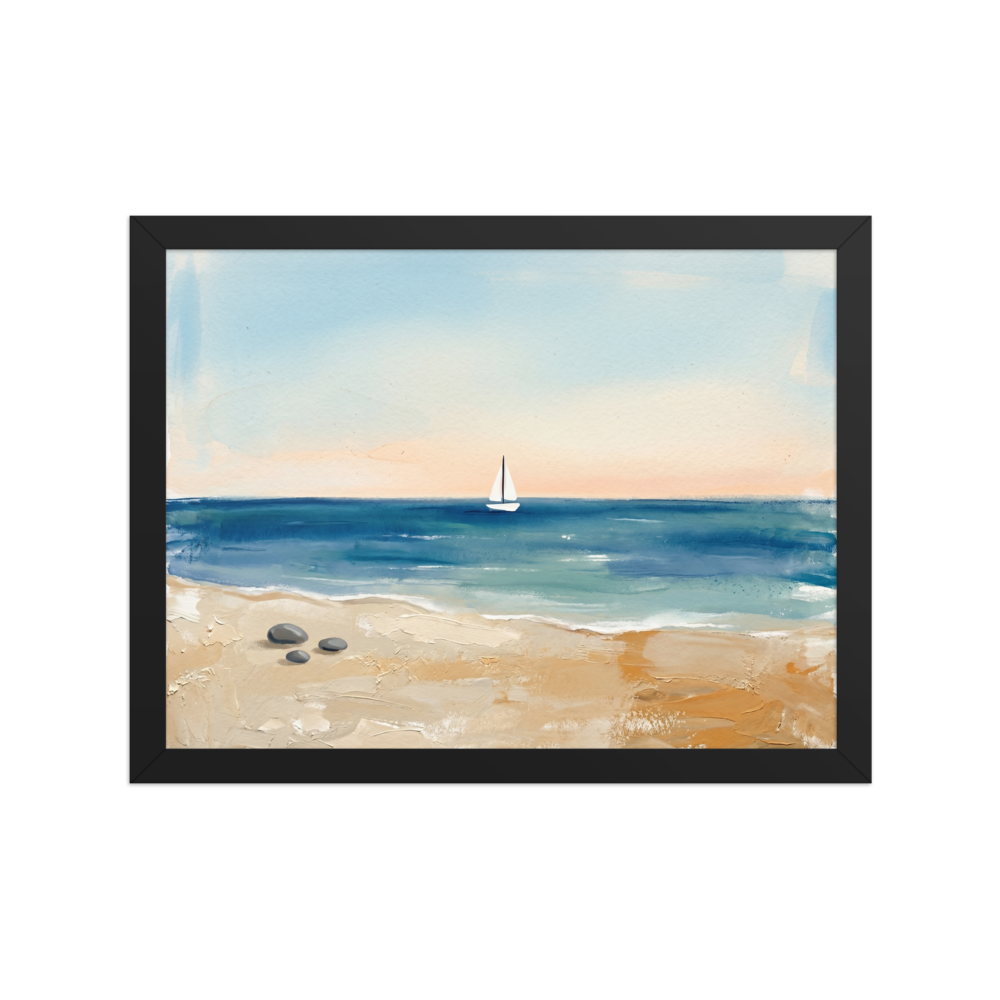 'Distant Sails' — a Impressionism,Minimalism print. A textured painting of a quiet beach with three smooth stones in the foreground and a solitary white sailboat on the horizon, perfect for a peaceful Bedroom or Bathroom.
