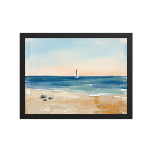 'Distant Sails' — a Impressionism,Minimalism print. A textured painting of a quiet beach with three smooth stones in the foreground and a solitary white sailboat on the horizon, perfect for a peaceful Bedroom or Bathroom.