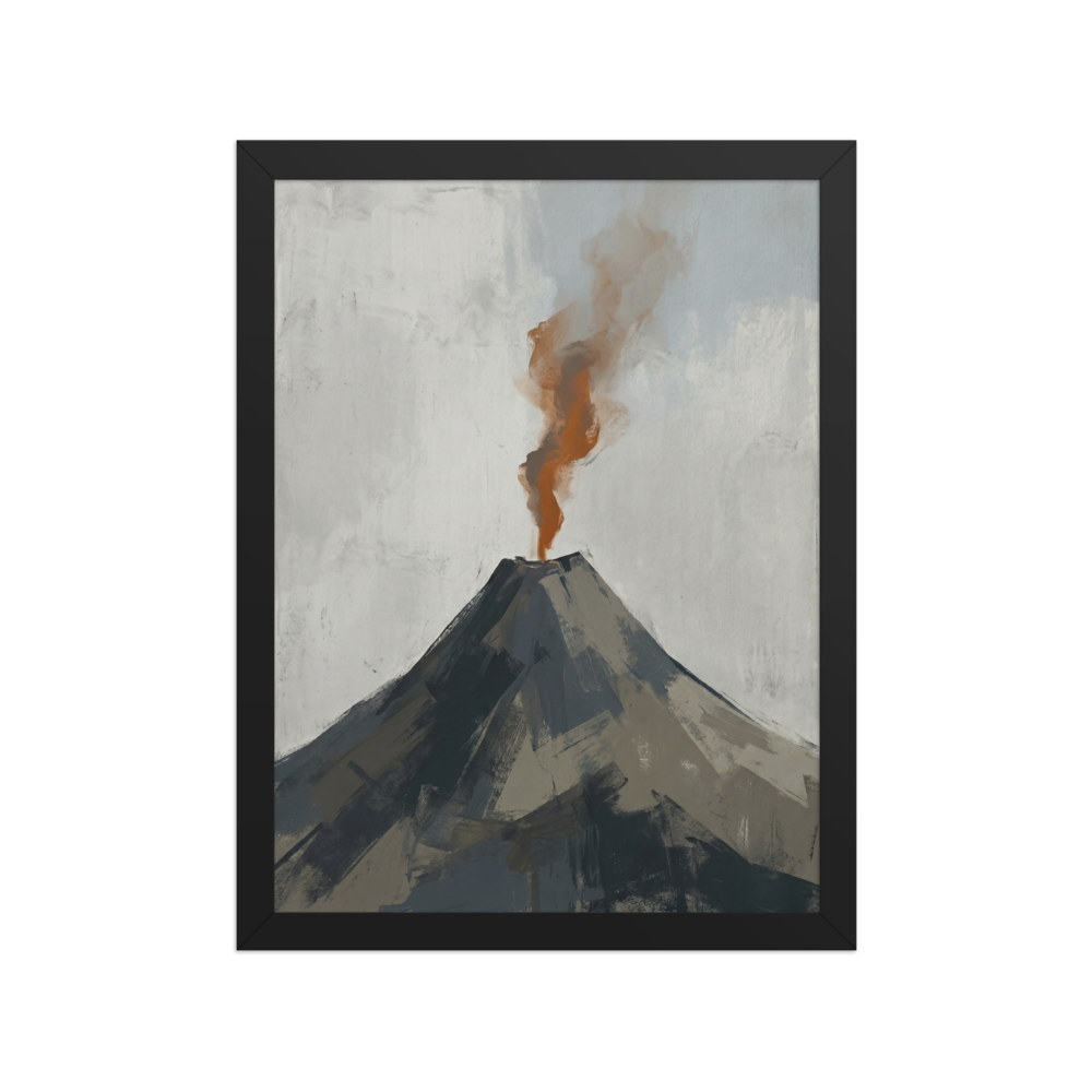 'Earth's Exhale' — a Minimalism print. A minimalist painting of a dark grey volcano erupting with a rust-orange plume of smoke against a pale grey sky, ideal for a Living Room or Office.