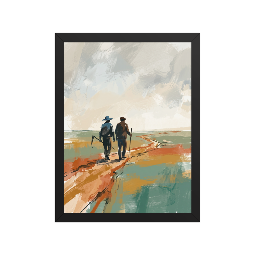 'The Long Road Home' — a Impressionism,Minimalism print. A minimalist painting of two farmers walking along a dirt path through a field, rendered in earthy tones of green and orange, perfect for a Living Room or Office.